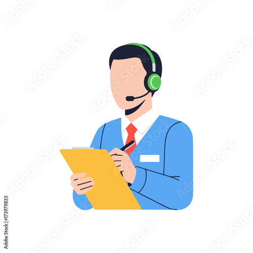 Customer service representative taking notes wearing headset, holding clipboard