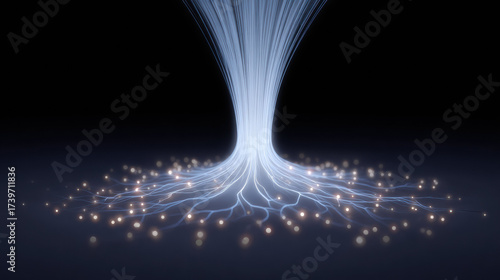 Glowing abstract network of fiber optic roots growing downward. intricate connection of data and technology creates radiant display of light on dark background