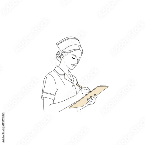 Nurse writing on clipboard, taking notes in medical setting