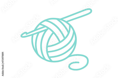 Stylized blue ball of yarn with crochet hook isolated on transparent background