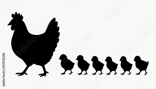 Black and white illustration of a silhouette of a chicken walking with its chickens on a white isolated background. Vector graphics. EPS.