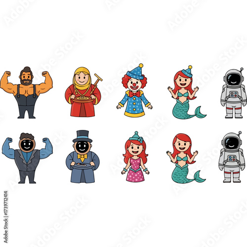 Cartoon characters in various costumes posing, isolated on white