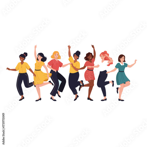 Diverse group of women dancing together in colorful outfits