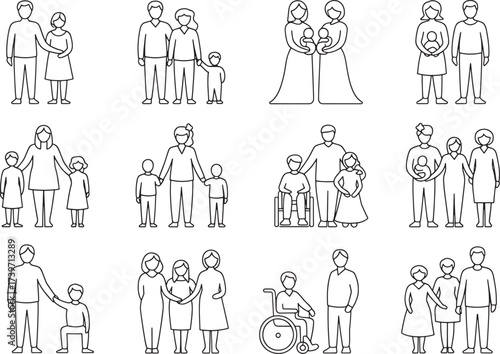 Diverse Families Line Art Icons Representing Various Family Structures and Inclusivity in Modern Society Vector Set