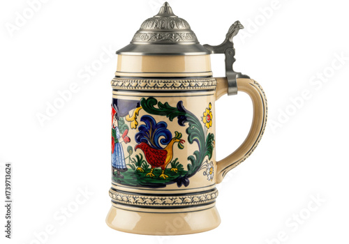 Isolated antique beer stein with decorative metal lid and handle, handcrafted from ceramic