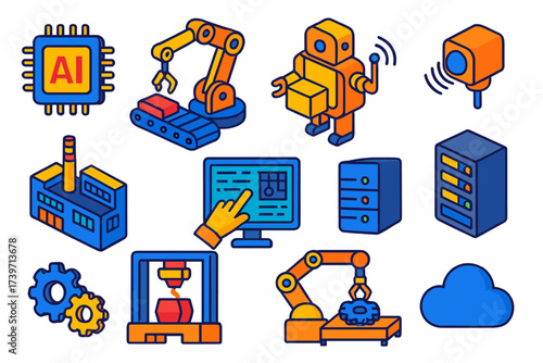 AI in Manufacturing. Isometric vector illustration set AI in Manufacturing: AI chip, robotic arm, conveyor belt, packaging robot,