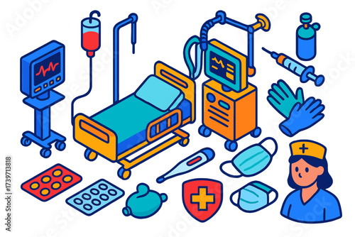 Intensive Care Unit Icons. Isometric vector illustration set Intensive Care Unit: ICU bed, heart monitor, ventilator, IV bag,