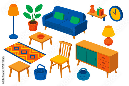 Scandinavian Interior Elements. Isometric vector illustration set Scandinavian Style Interior: sofa, floor lamp, leafy plant,