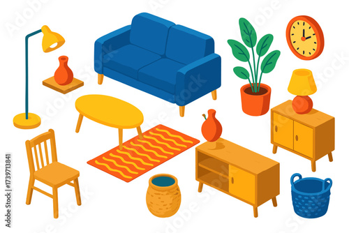Scandinavian Interior Elements. Isometric vector illustration set Scandinavian Style Interior: sofa, floor lamp, leafy plant,