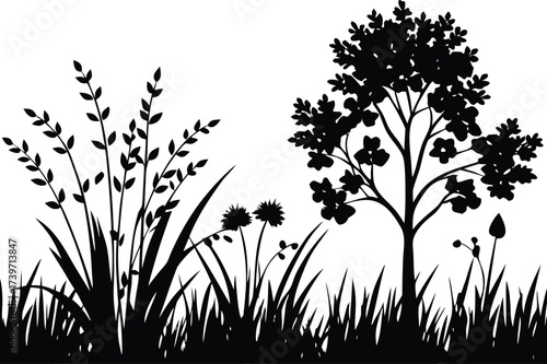 a serene meadow scene, showcasing a lush collection of wildflowers and grasses in the foreground, with a silhouette of a tree adding depth and tranquility