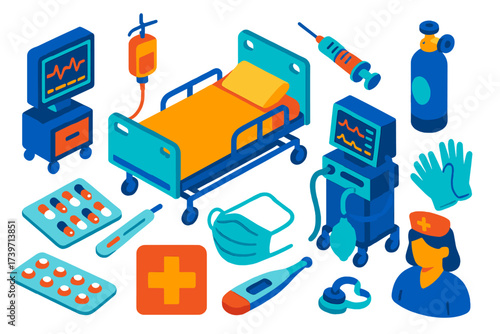 Intensive Care Unit Icons. Isometric vector illustration set Intensive Care Unit: ICU bed, heart monitor, ventilator, IV bag,
