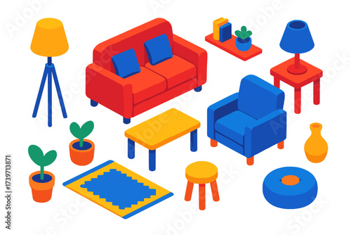 Compact Living Space. Isometric vector illustration set Compact Living Space: loveseat sofa, tripod lamp, small plant, coffee