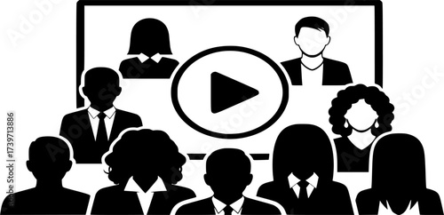 
People with a play button icon. Web conference, online presentation or watching movies concept vector