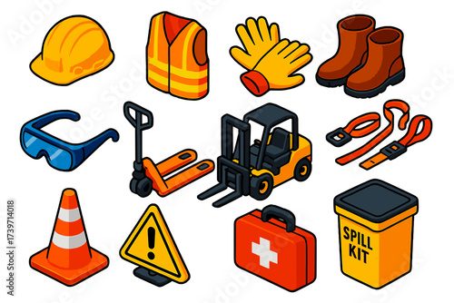 PPE for Cargo Operations. Isometric vector illustration set PPE for Cargo Operations: hard hat, safety vest, gloves, boots,