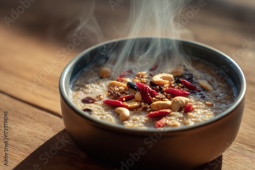 Steaming bowl of hearty oatmeal topped with vibrant goji berries, crunchy nuts, and sweet raisins, perfect for a nourishing morning meal