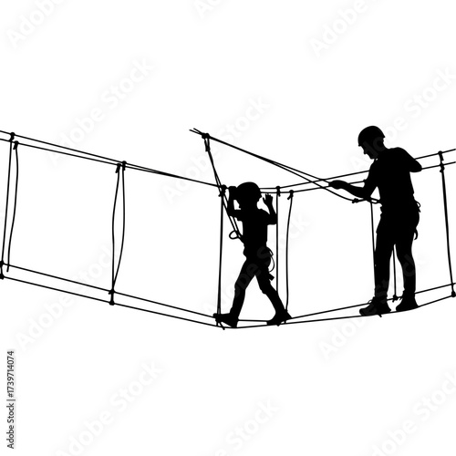 Child and instructor navigating rope bridge obstacle course
