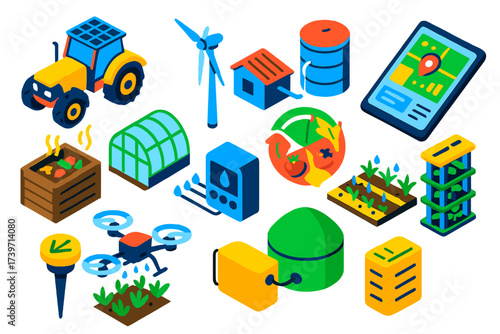 Sustainable Farming Icons. Isometric vector illustration set Sustainable Agriculture Tech: solar-powered tractor, wind turbine,