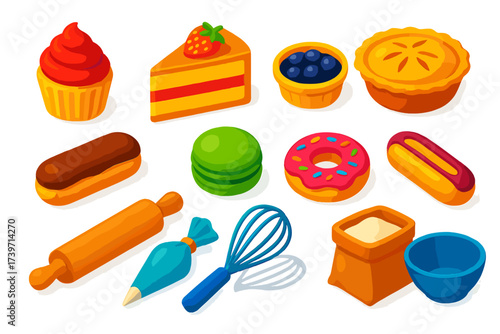 Bold Pastry Icons. Isometric vector illustration set Decorative Pastries: cupcake, cake slice, tart, pie, éclair, macaron,