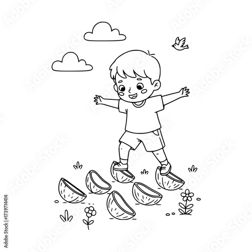 Boy playing coconut shell stilts outline illustration