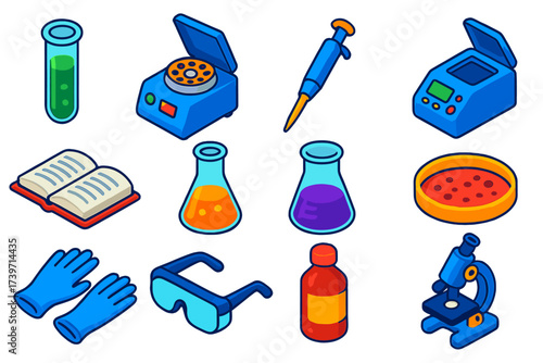 Laboratory Equipment Icons. Isometric vector illustration set Academic Laboratory: test tube, centrifuge, micropipette, PCR