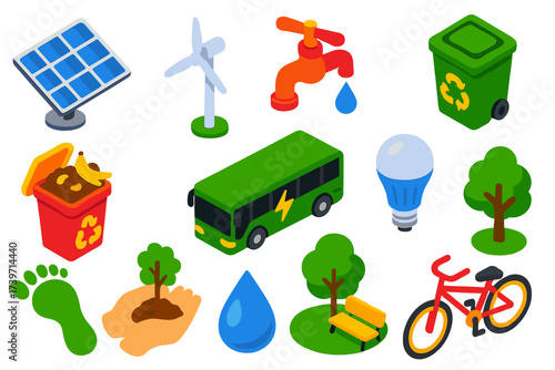 Sustainable Icons Collection. Isometric vector illustration set Sustainable Development Goals: solar panel, wind turbine,