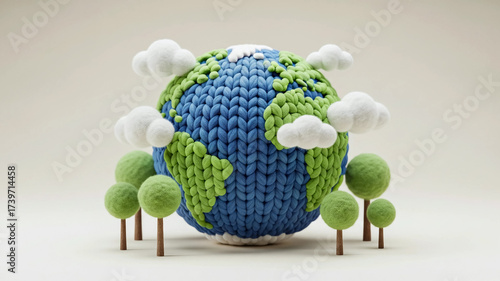 Cute Knitted Earth Globe with Trees and Clouds, Eco-Friendly Concept