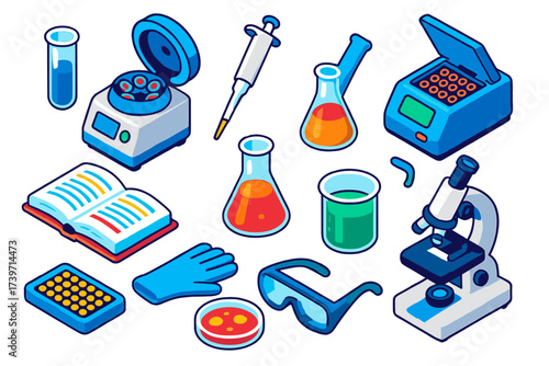Biology Lab Icons. Isometric vector illustration set University Biology Lab: test tube, centrifuge, micropipette, PCR machine,