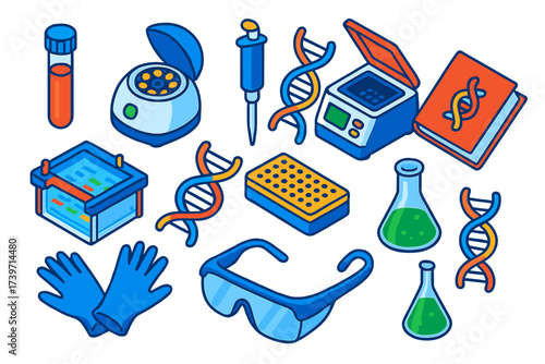 DNA Testing Equipment. Isometric vector illustration set DNA Testing Equipment: test tube, centrifuge, micropipette, PCR machine,