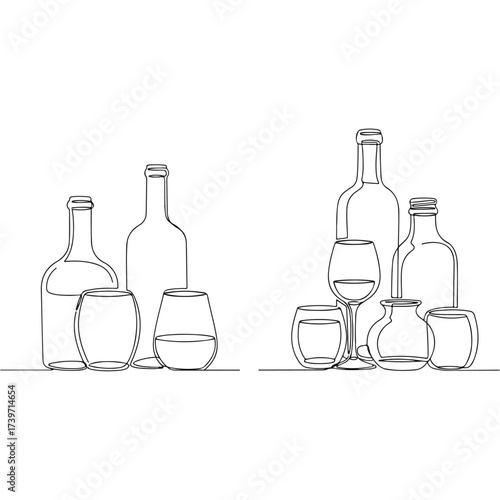 Wine bottles and glasses arranged in minimalist line art style