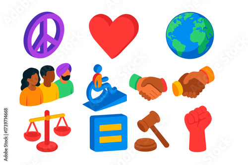 Peace and Equality Icons. Isometric vector illustration set Peace and Equality: peace symbol, heart, globe, diverse people,