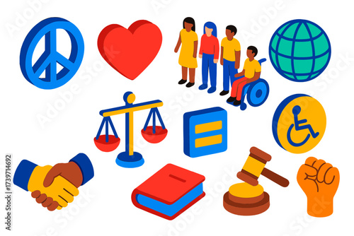 Peace and Equality Icons. Isometric vector illustration set Peace and Equality: peace symbol, heart, globe, diverse people,