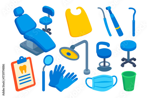 Isometric Dental Care Set. Isometric vector illustration set Dental patient care: patient chair, headrest, dental bib, suction