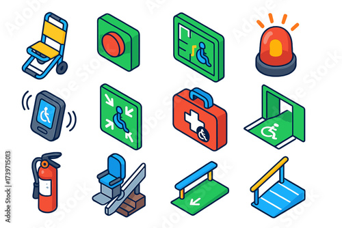 Emergency Accessibility Icons. Isometric vector illustration set Emergency accessibility: evacuation chair, emergency call button,