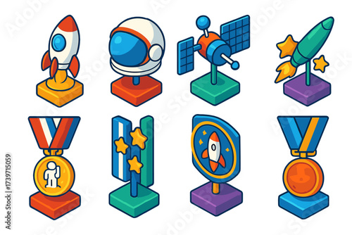 Space Exploration Awards. Isometric vector illustration set Space exploration awards: rocket trophy, astronaut helmet award,