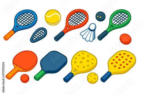 Vibrant Racket Icons. Isometric vector illustration set Mini racket sports: tennis racket, tennis ball, squash racket, squash ball