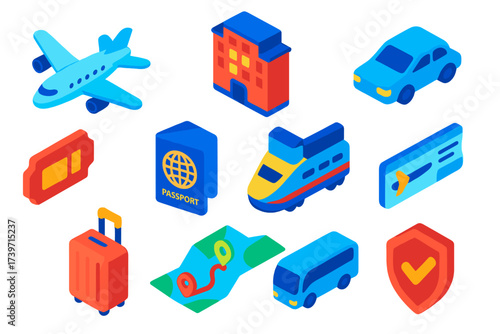 Travel Icons Collection. Isometric vector illustration set Travel UI: flight icon, hotel icon, car rental icon, ticket icon,