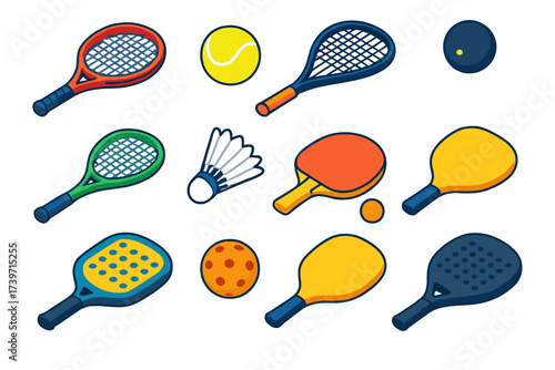 Vibrant Racket Icons. Isometric vector illustration set Mini racket sports: tennis racket, tennis ball, squash racket, squash ball
