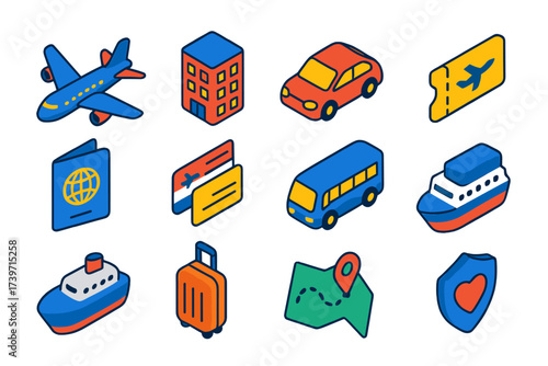 Travel Icons Collection. Isometric vector illustration set Travel UI: flight icon, hotel icon, car rental icon, ticket icon,