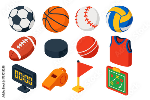 Mini Sports Icons. Isometric vector illustration set Mini team sports: soccer ball, basketball, baseball, volleyball, rugby ball,