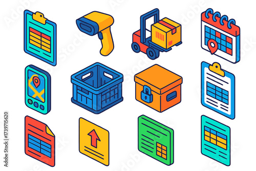 Logistics Office Kit Icons. Isometric vector illustration set Logistics office kit: freight invoice, cargo invoice, warehouse