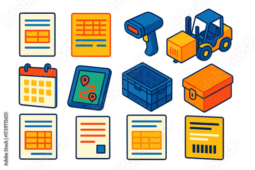 Logistics Office Kit Icons. Isometric vector illustration set Logistics office kit: freight invoice, cargo invoice, warehouse