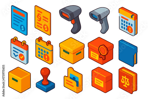 Government Office Essentials. Isometric vector illustration set Government and legal office: legal invoice, court fee invoice,