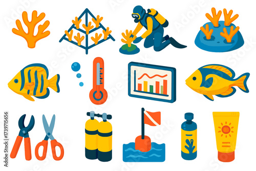 Coral Reef Restoration Icons. Isometric vector illustration set Coral reef restoration: coral fragment, coral nursery frame, scuba