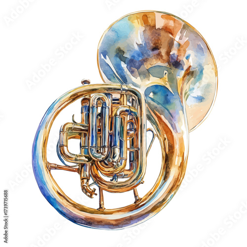 French Horn, watercolor vector, isolated on a white background.