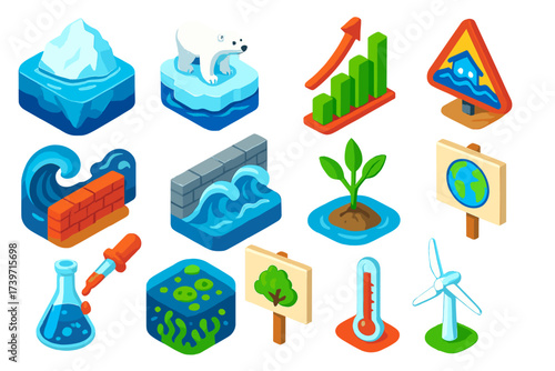 Climate Impact Icons. Isometric vector illustration set Climate change impact: melting iceberg, polar bear on ice, rising sea