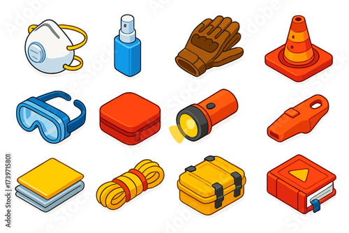 Emergency Gear Essentials. Isometric vector illustration set Emergency preparedness: N95 mask, pocket sanitizer spray, tactical