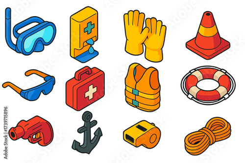 Marine Safety Equipment Icons. Isometric vector illustration set Marine safety equipment: waterproof mask, boat sanitizer station,