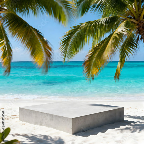 Serene Seaside Stage: An inviting beach scene where a modern minimalist stage sits against the backdrop of a crystal-clear ocean under the sun, framed by lush palm fronds.