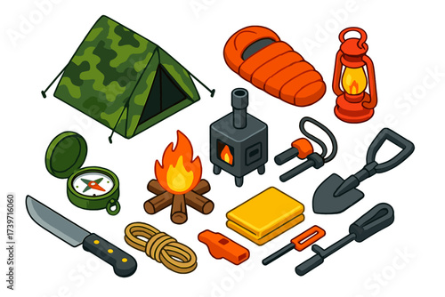 Survival Camping Essentials. Isometric vector illustration set Survival camping kit: camouflage tent, thermal sleeping bag,