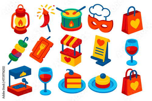 Food Festival Icons. Isometric vector illustration set Food lovers festival: kitchen lantern, spicy firework, cooking drum, chef